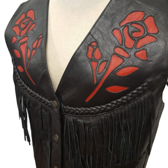 Women’s Rodeo Motorcycle Cowhide Leather Vest with Roses and Fringes - Picture 2 of 3
